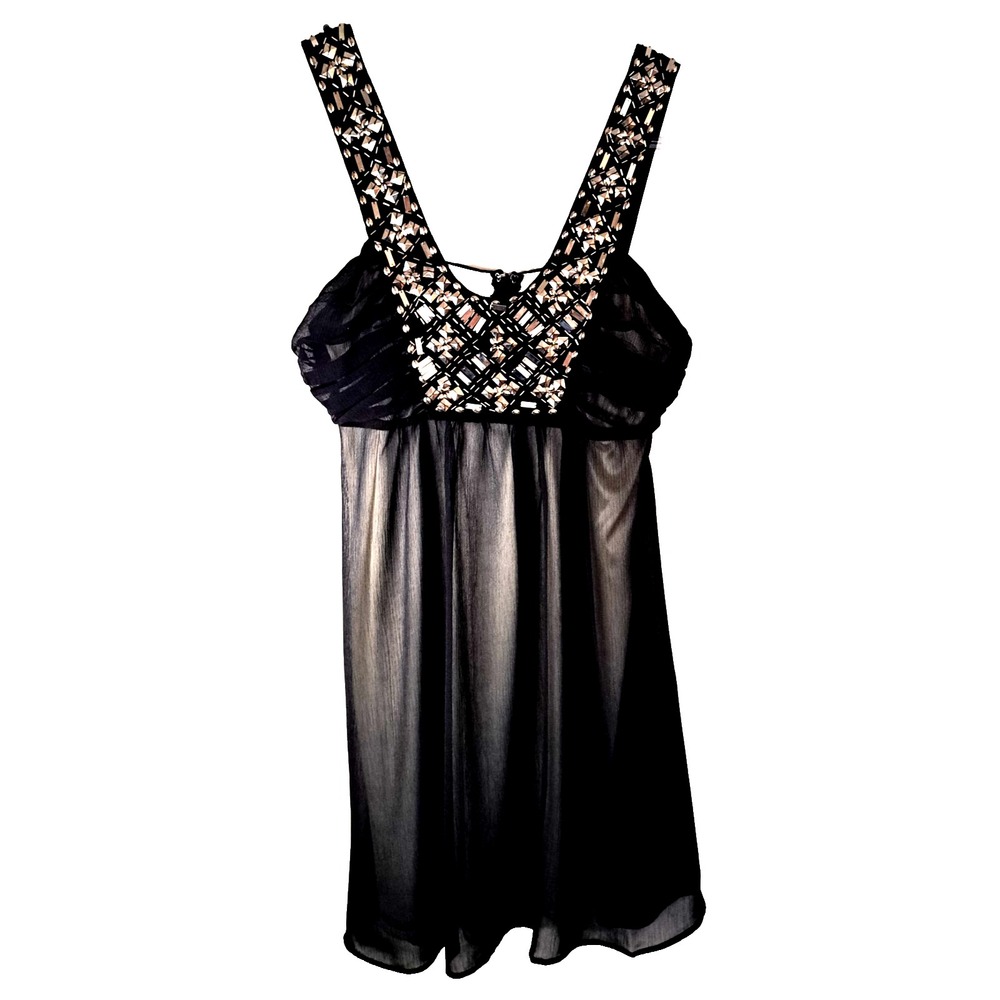Strappy Party Dress‎ Women's M Black Beaded Metallic Lined Stretch 36" L
